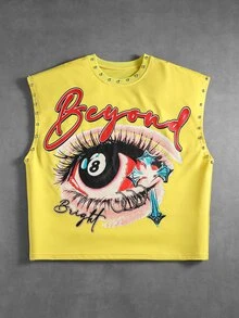 ROMWE MEN Street Life Men Eye & Letter Graphic Studded Detail Tank Top - Yellow - View 5