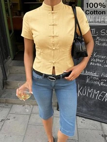 Siren Gaze Solid Button Front Crop Shirt - Light Yellow - View 2