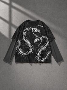 ROMWE MEN Goth Printed Pattern Faux Two-Piece Loose Long Sleeve T-Shirt - Black - View 2