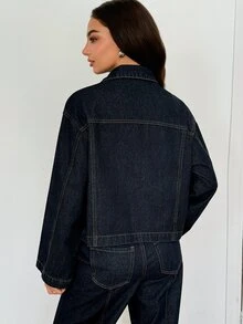 SHEIN Dual Pocket Drop Shoulder Denim Jacket - Navy Blue - View 2