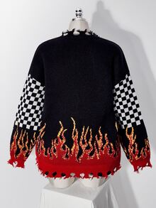 SHEIN ICON Plus Checker & Letter Pattern Drop Shoulder Distressed Sweater - Multicolor - View 2