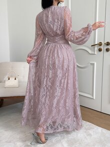 Feyla Plus Lantern Sleeve Lace Dress - Baby Pink - View 6