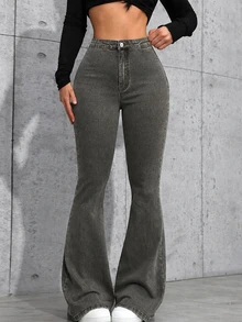 SHEIN ICON 1件高腰喇叭褲牛仔褲 - 黑色 - 查看 8