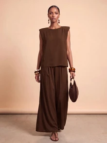 Zivah Shoulder Pad Tank Top & Belted Wide Leg Pants - Brown - View 10