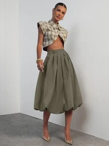 Hauture High Waist Fold Pleated Skirt - Army Green - View 1