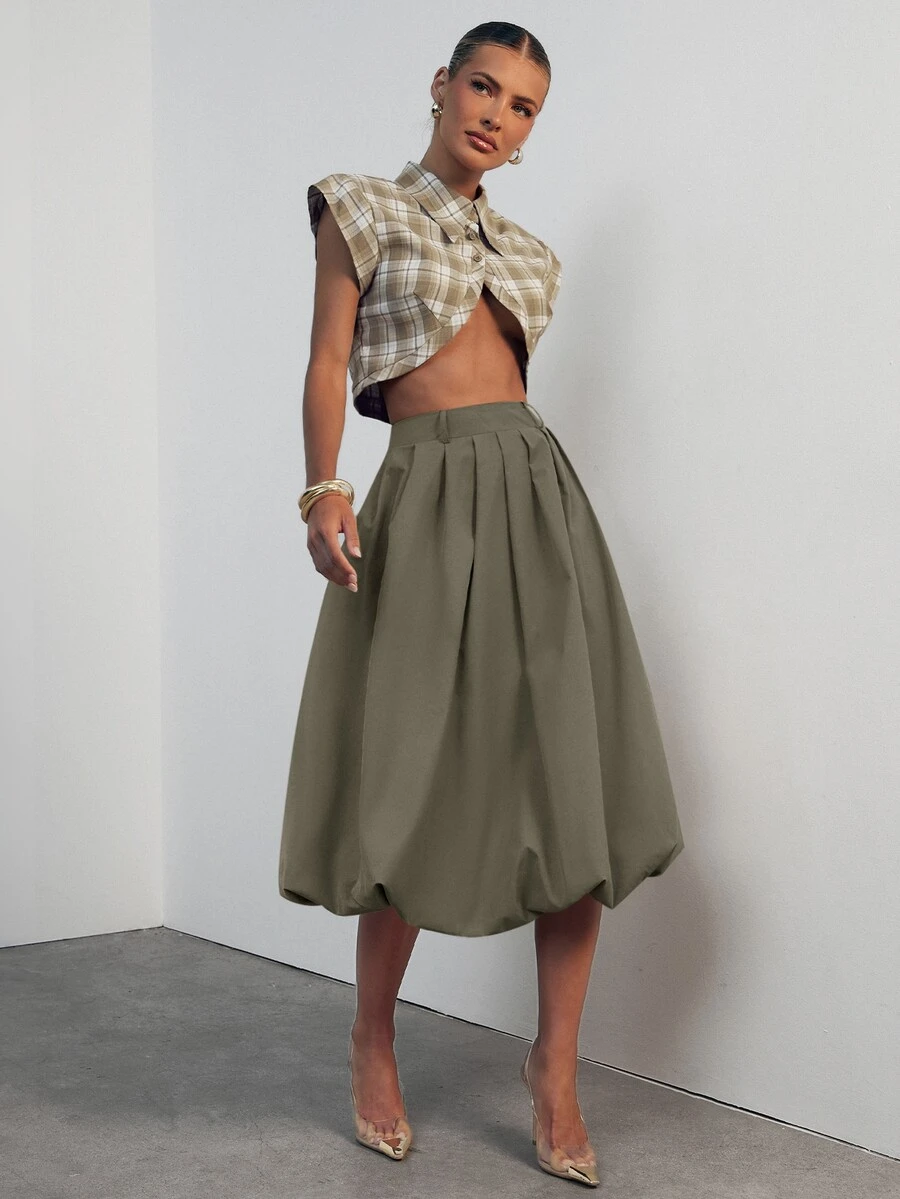 Hauture High Waist Fold Pleated Skirt - Army Green - View 1
