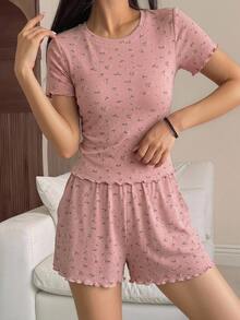 DAZY Ditsy Floral Lettuce Trim PJ Set - Pink - View 4