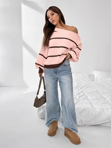 FavEase Striped Pattern Asymmetrical Shoulder Drop Shoulder Sweater - Multicolor - View 3