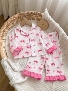 SHEIN Conjunto de pijama para niña bebé con estampado de lazos, ribete de contraste y volantes - Blanco - Ver 10