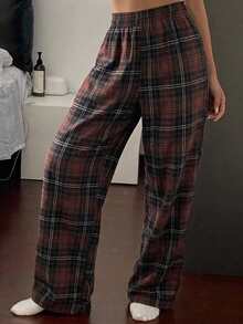 DAZY Plaid Print Elastic Waist Lounge Pants - Brown - View 4