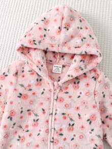 女嬰碎花印花連帽法蘭絨連身衣 - 粉色 - 查看 6