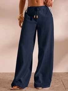 Opulessa Drawstring Waist Cover Up Pants - Navy Blue - View 1