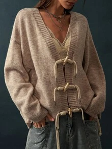 Bohemela Áo cardigan dáng duffle vai trễ - Màu Khaki - Xem 2