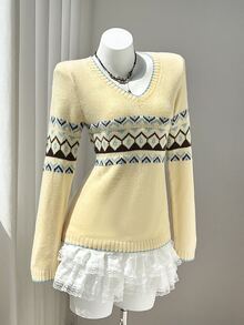 Elamini Geo Pattern Contrast Trim Sweater Everyday School Yellow Autumn Preppy Vintage - Light Yellow - View 3