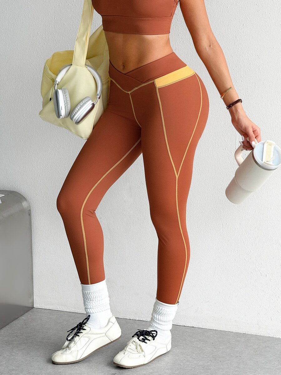 SHEIN Core Rhythm Contrast Panel Top-Stitching Wideband Waist Sports Leggings - Orange - View 1