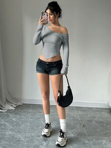 SHEIN Unity 不對稱領口手帕下擺短版針織衫 - 灰色 - 查看 6