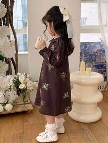 Dazy Kids 女童花卉刺繡彼得潘領荷葉袖洋裝 - 棕色 - 查看 4