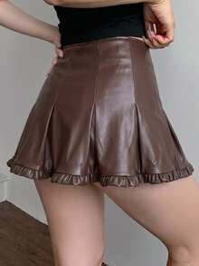 DAZY Solid Fold Pleated Frill Hem PU Leather Skirt Fall Y2k - Brown - View 2