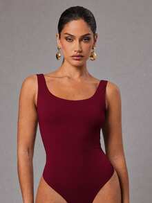 Silquee Solid Round Neck Tank Bodysuit - Red - View 1