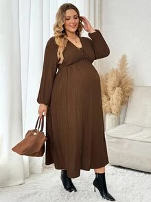 Plussiva 大尺碼孕婦純色前綁帶燈籠袖洋裝 - 棕色 - 查看 3