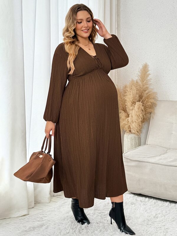 Plussiva Plus Size Maternity Solid Tie Front Lantern Sleeve Dress