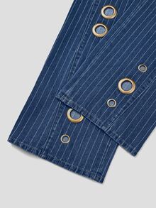Balvessa Striped Print Cut Out Grommet Detail Wide Leg Jeans - Blue - View 6