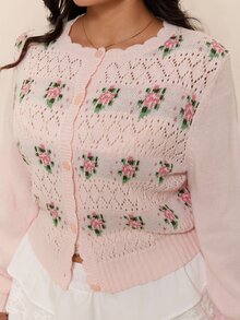 CovetEZ 大尺碼花卉圖案鏤空針織開襟衫 冬季 - 粉色 - 查看 2