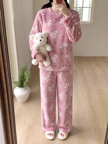 SHEIN Teen Girl Fall Winter Bow Heart Pattern Flannel Pajamas Set - Dusty Pink - View 1