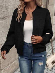 EMERY ROSE Solid Textured Knit Zip Up Lightweight Bomber Jacket - Black - View 3