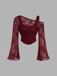 SHEIN MOD 不對稱領口喇叭袖透視蕾絲短版 2 合 1 上衣 - 酒紅色 - 查看 3