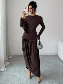 Elenzga 1 pieza Vestido con detalle fruncido sólido - Marrón - Ver 5