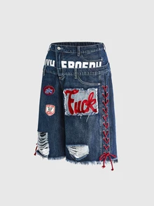 ROMWE Avant Plus Letter Graphic Ripped Raw Hem Denim Shorts Concert Club Blue Anti Social Baggy - Blue - View 5
