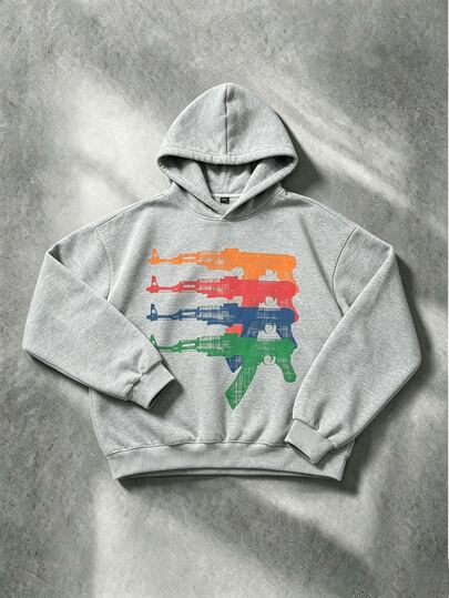 ROMWE MEN Street Life Sudadera con capucha de hombros caídos y estampado de pistola para hombres
