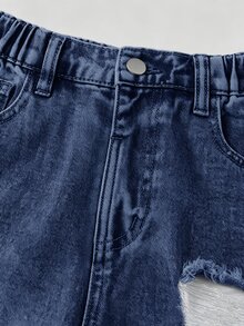 SHEIN 青少年女孩 1件裝 破洞磨邊直筒牛仔褲 - 深色水洗藍 - 查看 4
