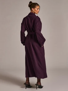SHEIN BAE Lapel Neck Double Breasted Belted Overcoat - Red Violet - View 2