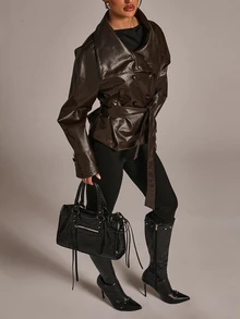 SHEIN BAE Collared Belted PU Leather Trench Coat - Chocolate Brown - View 7
