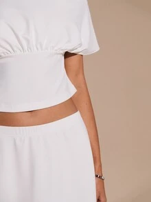 SHEIN BAE Atasan Crop Tanpa Bahu & Rok dengan Hem Asimetris - Putih - View 7