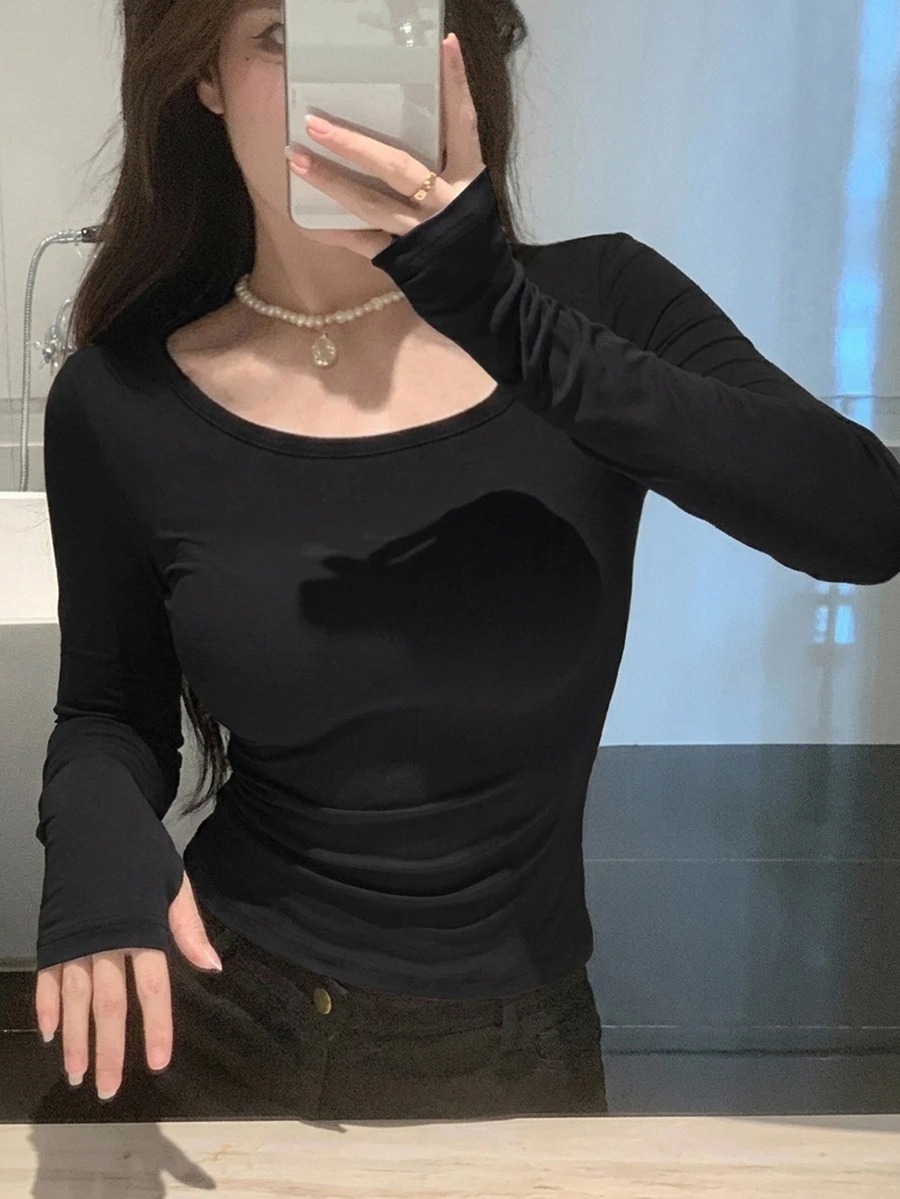 DAZY Camiseta de manga larga ajustada con cuello redondo de unicolor - Negro - Ver 1