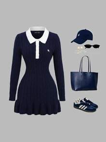 Sweetra Contrast Polo Collar Ruffle Hem Cable Knit Sweater Dress - Royal Blue - View 3