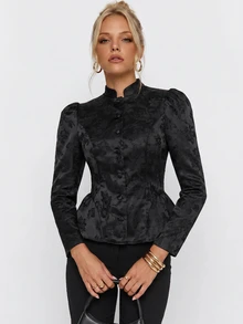Avantive Floral Jacquard Peplum Hem Satin Jacket - Black - View 2