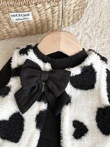 SHEIN 女嬰兩件套，包含一件毛絨背心和一件針織高領洋裝，飾有可愛蝴蝶結，適合秋冬穿著 - 彩色 - 查看 4