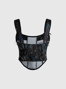 ROMWE Fairycore Plus Butterfly Galaxy Print Lace Up Front Tank Top Renaissance Festival&Renaissance Faire - Black - View 2