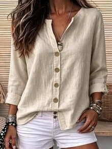 EMERY ROSE Solid Button Front Blouse - Khaki - View 3