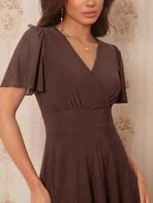 Amorya Surplice Neck Butterfly Sleeve Midi Dress - Coffee - View 3