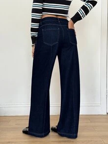 SHEIN High Waist Wide Leg Jeans Everyday School Navy Blue Summer Casual Simple Everyday School - Navy Blue - View 2