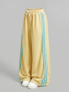 SHEIN Tween Girl Contrast Side Seam Drawstring Waist Wide Leg Pants - Multicolor - View 6