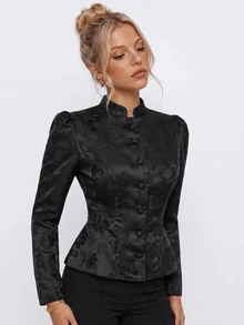 Avantive Floral Jacquard Peplum Hem Satin Jacket - Black - View 8