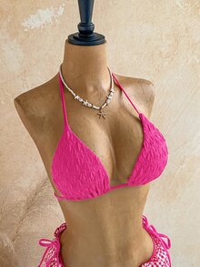 Soleia Plaid Print Smocked Halter Triangle Bikini Swimwears Bathing Beach Honeymoon Party Hot Pink Pink Summer Sexy - Hot Pink - View 7