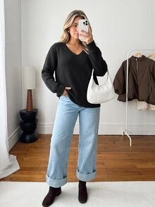 Vionelle Sweater Ukuran Besar untuk Makan Malam Formal, Kencan Malam, Malam Hari, Hitam Putih, Musim Gugur, Kasual, Peri, Peri, Imut, Musim Dingin - Hitam - View 3