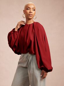 Vixey Solid Fold Pleated Lantern Sleeve Jacket - Red - View 3